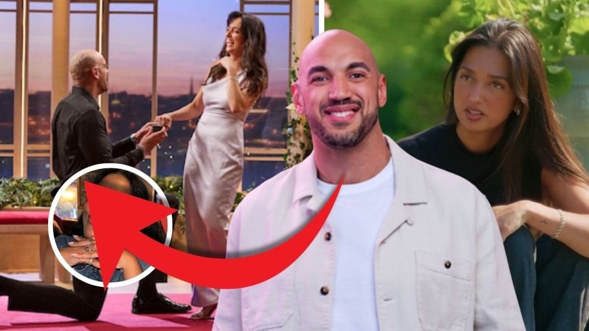 Aron Walker och Angelica i Love is blind och en pil mot Rosanna Charles