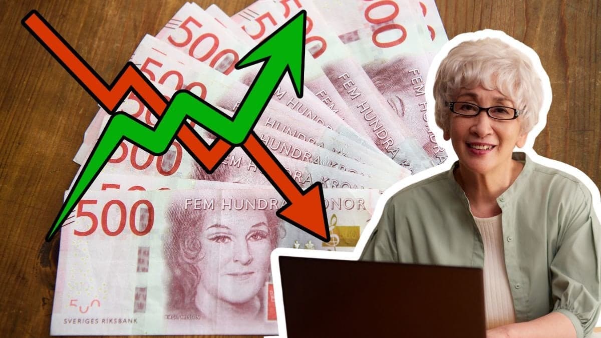 Pengar, graf upp och ned samt kvinna vid en laptop.