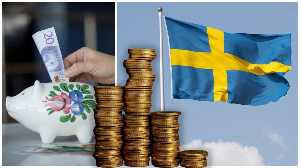 Spargris med en sedel i och en hissad Sverige-flagga 