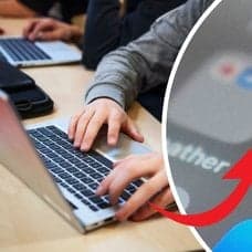 Händer skriver på en dator till vänster. ChatGPT:s logga på en skärm till höger.