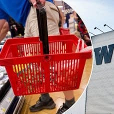 Bilder på Willys entré och en kundkorg med mat.