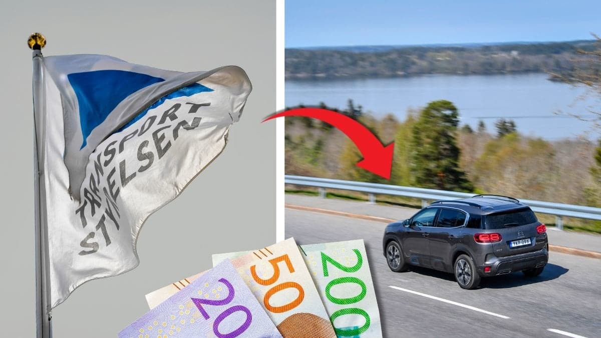 Transportstyrelsen flagga och en laddhybrid-bil.