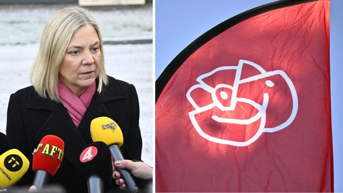 Magdalena Andersson och Socialdemokraternas symbol.