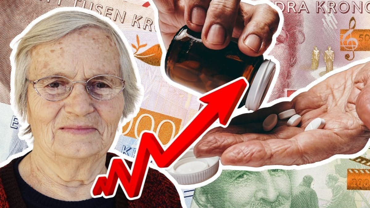 Äldre kvinna, svenska sedlar och medicin i hand