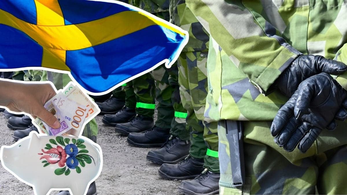 Svensk flagga, spargris, militärklädda personer.