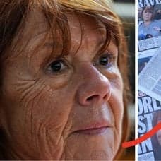 Gisele Pelicot närbild, vänster. Tidningar med rubriker om Gisele Pelicot höger.