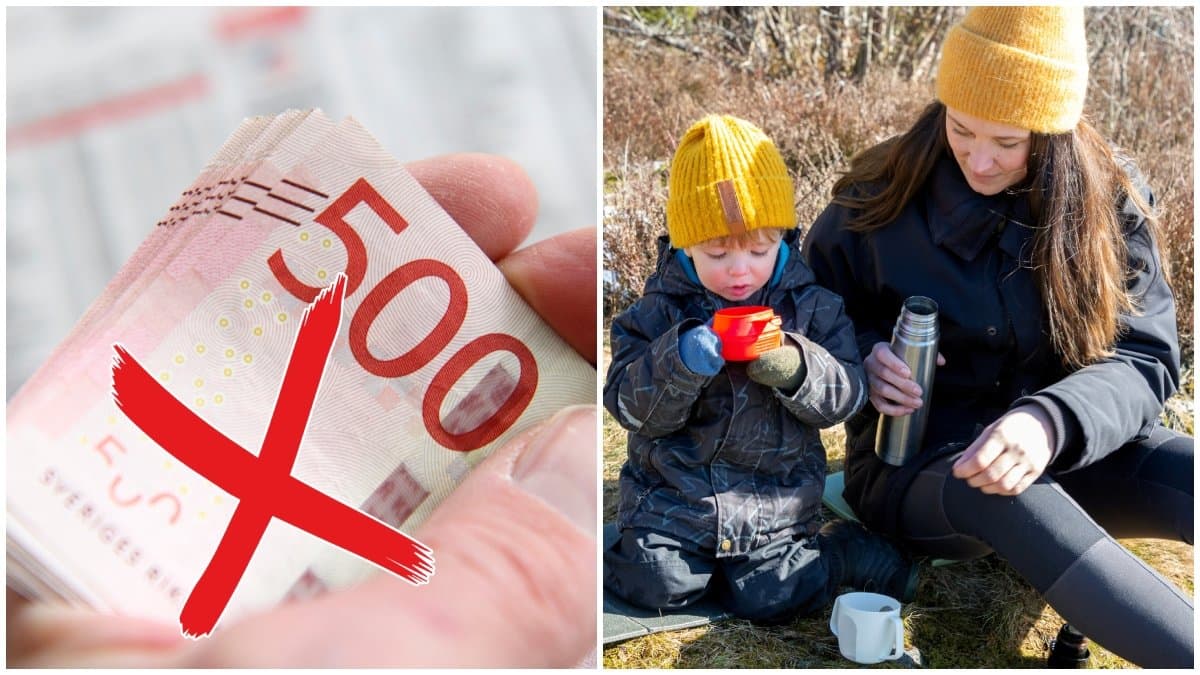 en bunt 500-sedlar och en mamma och son som fikar.