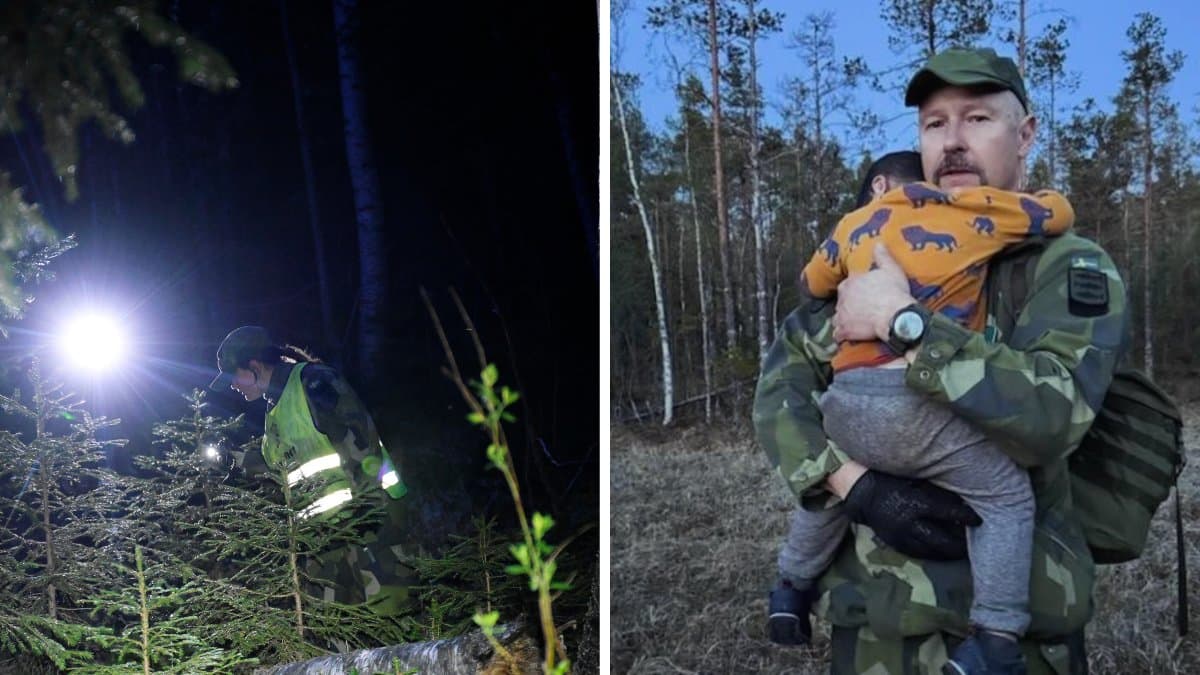 Sökandet i skogen vänster. Bilden med tvååringen och anders höger.