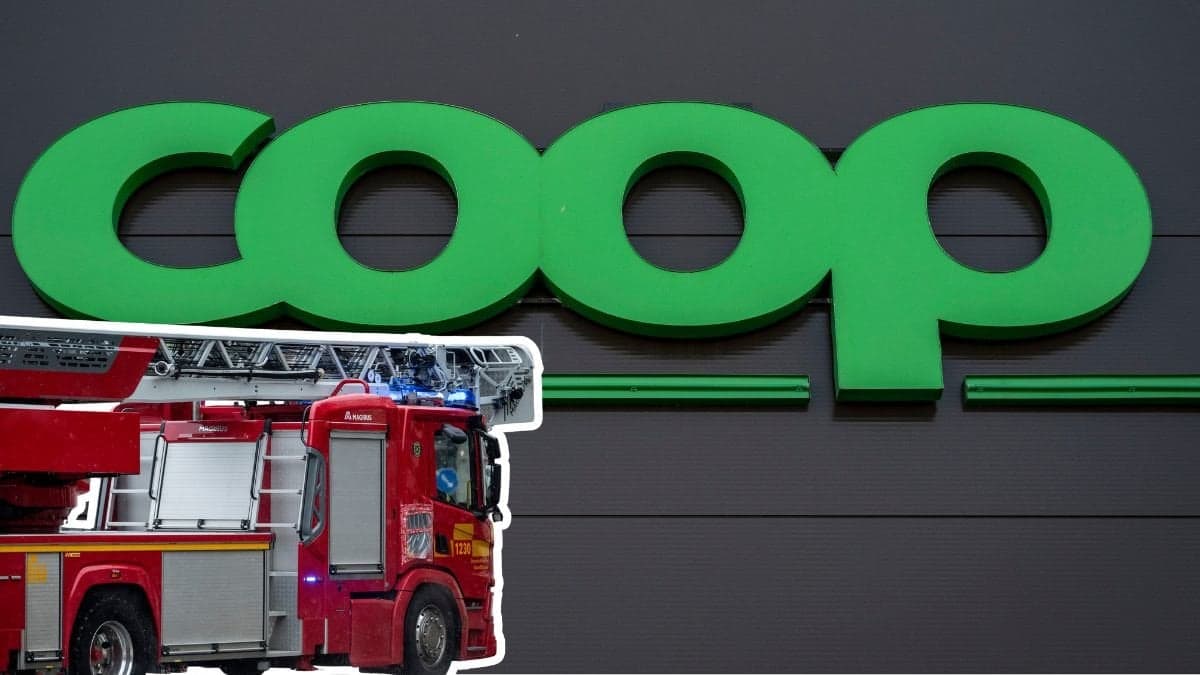 Brandbild och Coop-skylt.