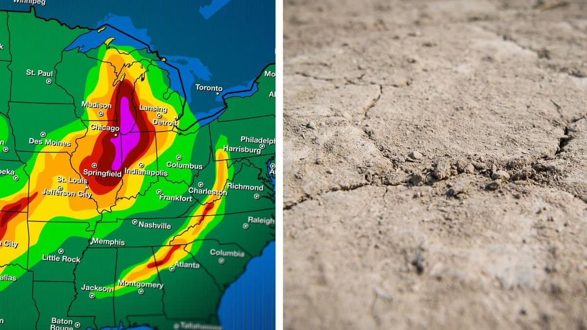 Väderkarta vänster. Uttorkad mark höger.