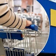 Bilder på Ikeas entré och en kvinna som kör en kundvagn i varuhuset.