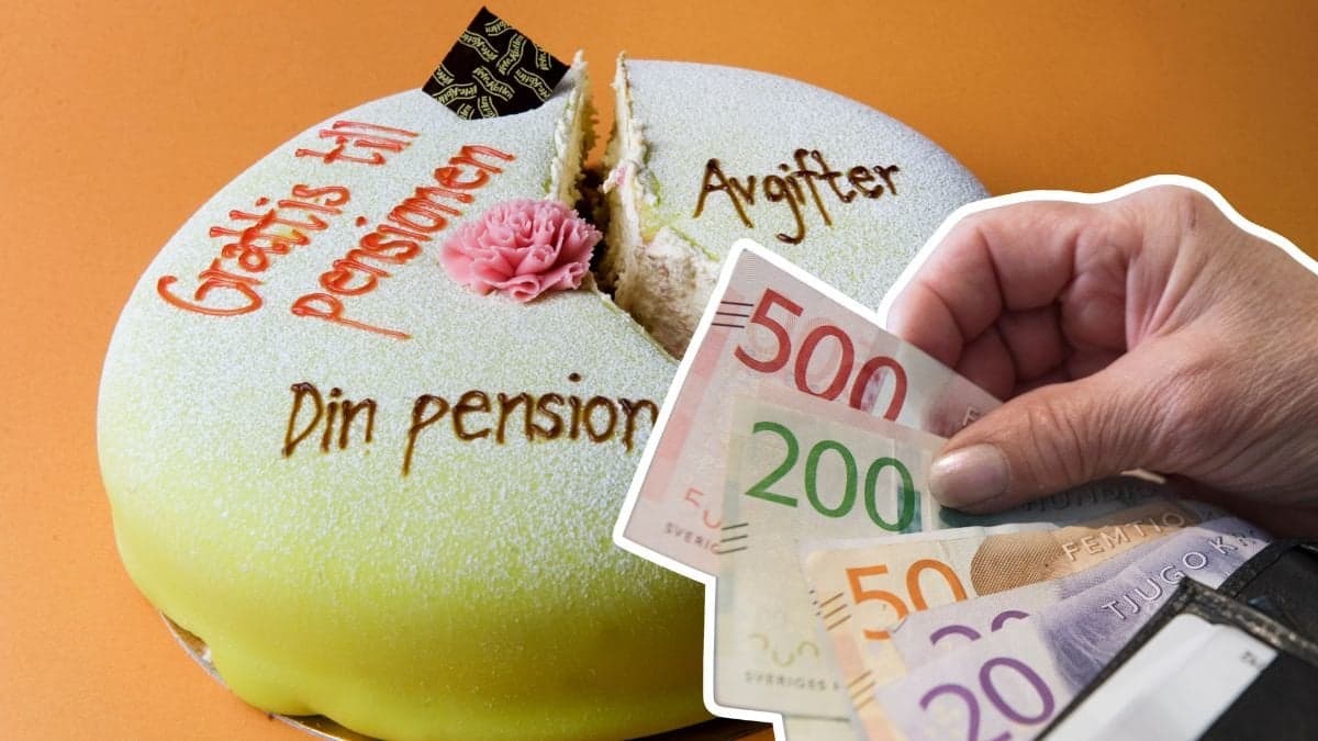 Grattis till pensionen-tårta och plånbok med pengar i.