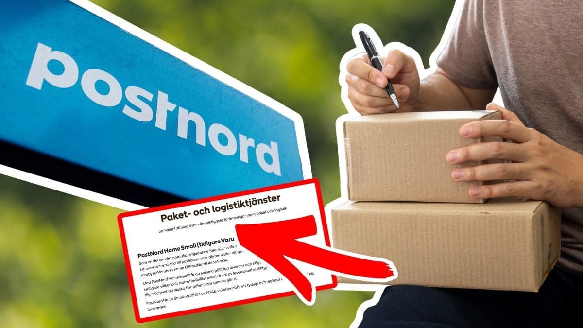 Postnord-skylt och en hand som skriver på ett paket