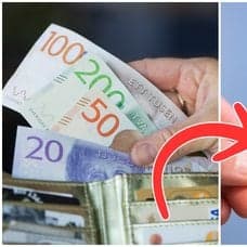 en plånbok med kontanter och en nummerlapp.