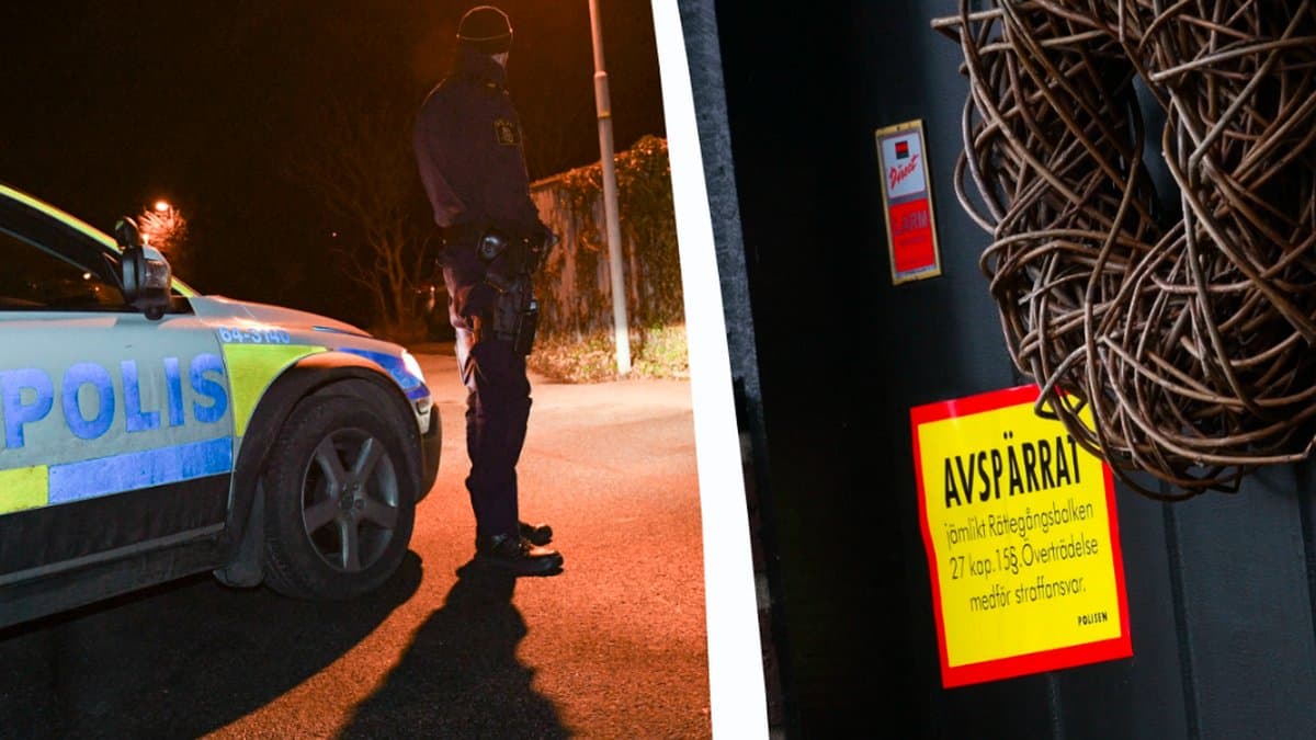 En polis vid en polisbil i Bjärred. Till höger familjens dörr. Kollage. 