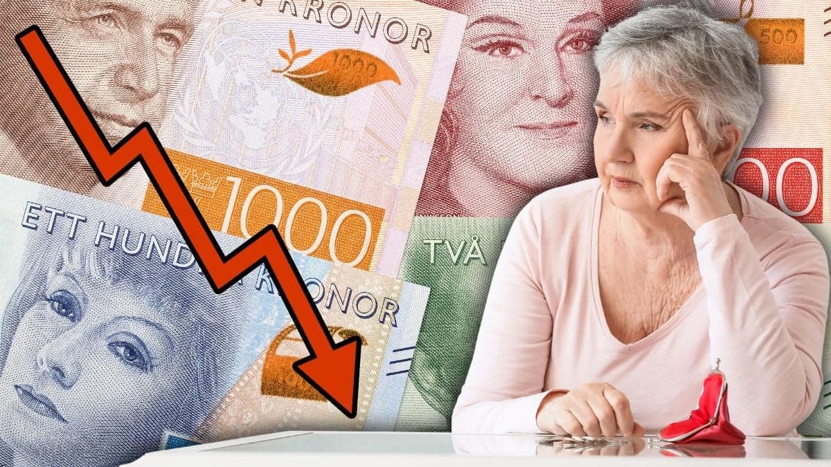 Sedlar i olika valörer, kvinna vid ett bord och en röd graf som pekar nedåt.