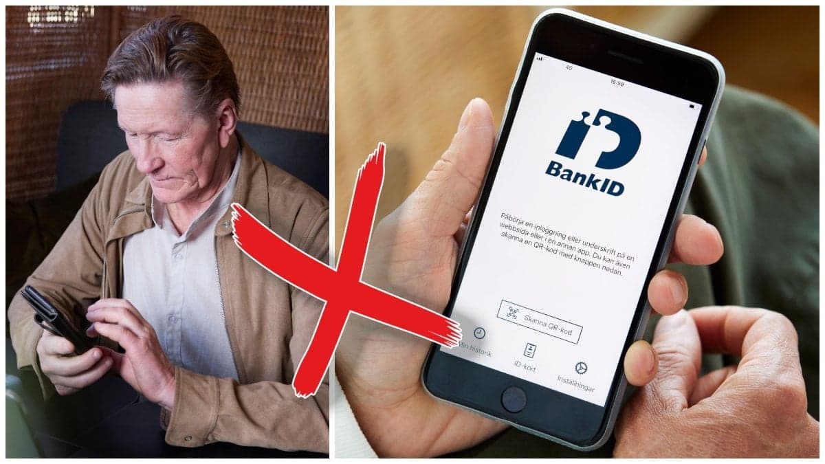 Man som tittar på sin mobiltelefon och BankID-appen i en mobiltelefon