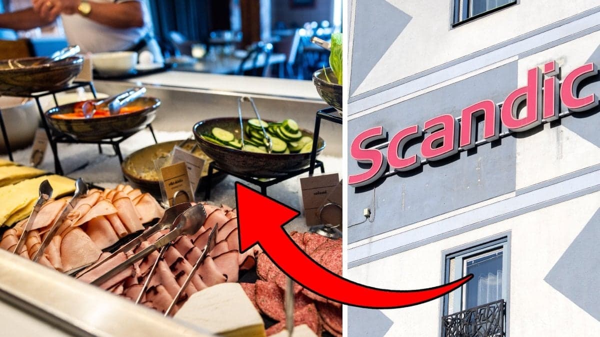 Bild på frukostbuffé och en Scandic-skylt.