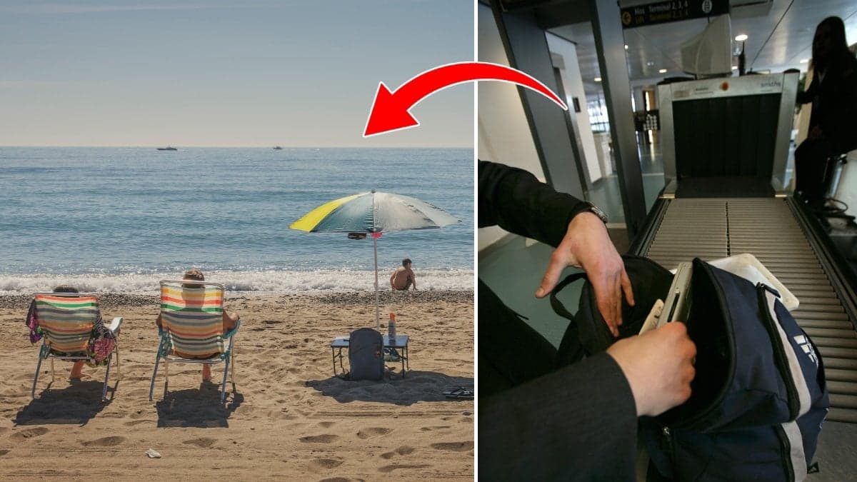 Turister på strand i Marbella och en flygplatskontrollant som kontrollerar en bärbar dator i ett handbagage på Arlanda.