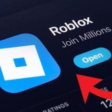 Roblox-appen på en skärm till vänster. En person med dator i knät till höger.