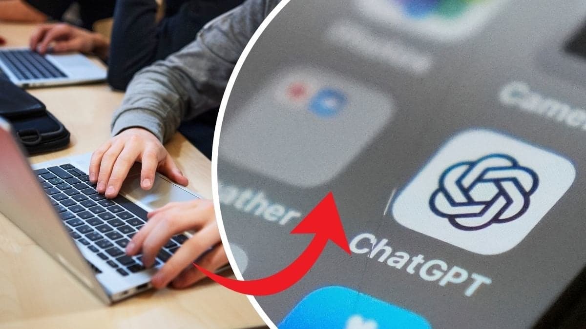 Händer skriver på en dator till vänster. ChatGPT:s logga på en skärm till höger.