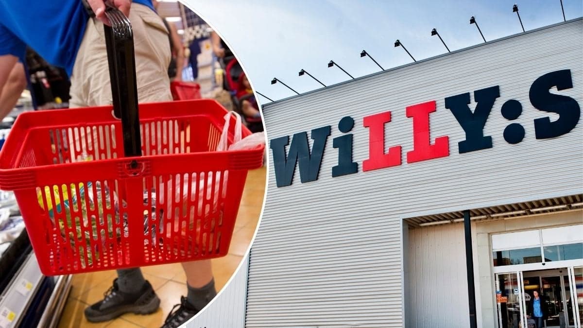 Bilder på Willys entré och en kundkorg med mat.