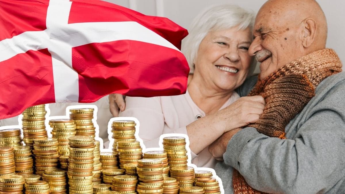 Danska flaggan, ett äldre par som håller om varandra och är glada samt en stor mynthög.