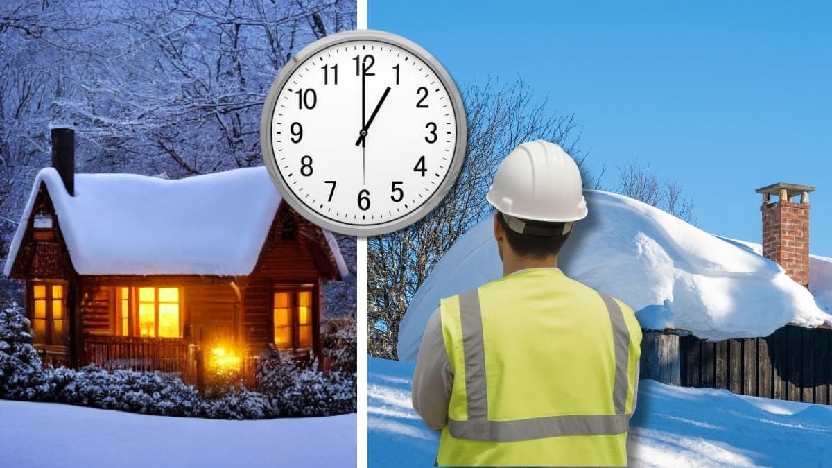 Stuga, fritidshus och byggarbetare under vintern.