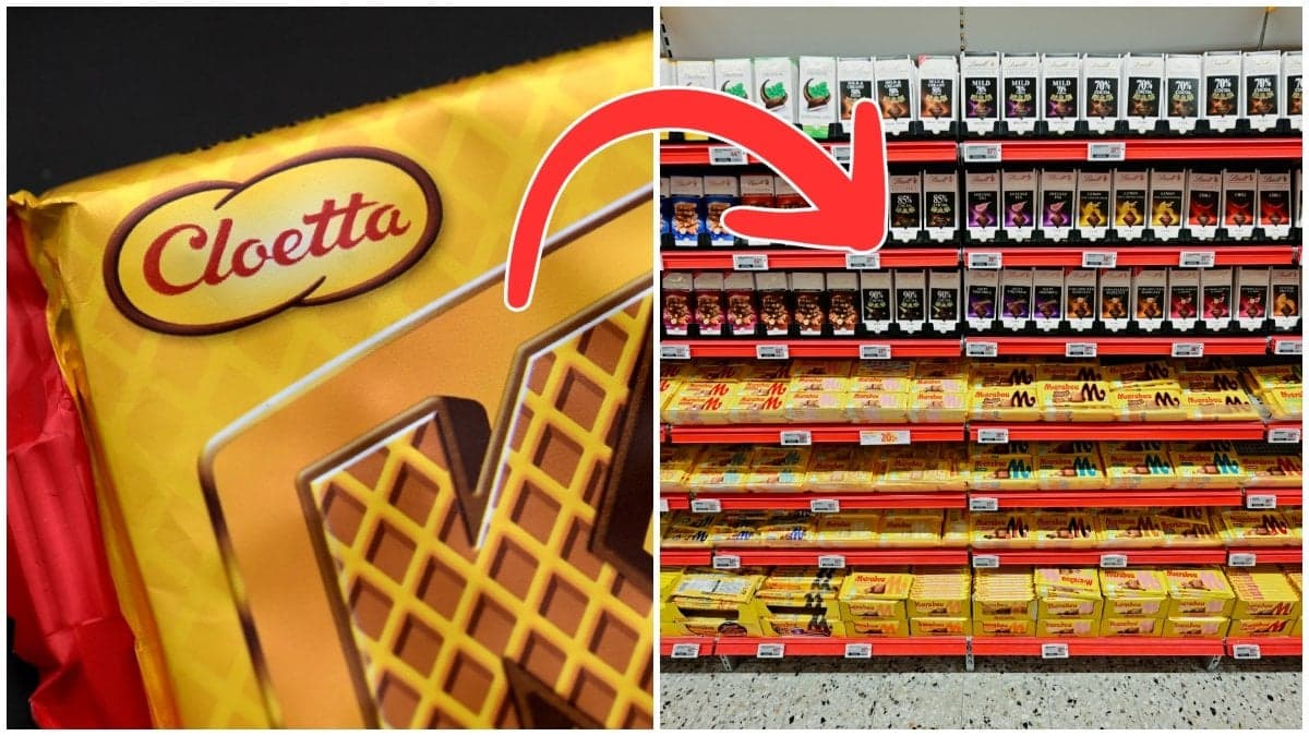 Kexchoklad och en butikshylla med choklad.