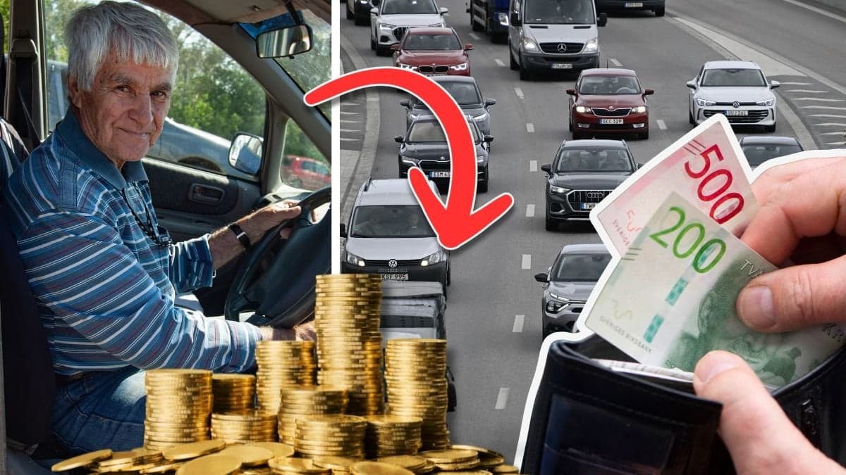 Bilägare, en man som kör bil och en bilkö med svenska kontanter.