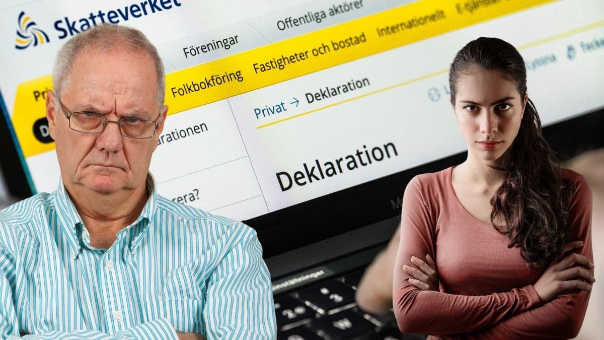 I bakgrunden syns deklarationen på en dator och i förgrunden en man och en kvinna som tycks se upprörda eller sura ut.