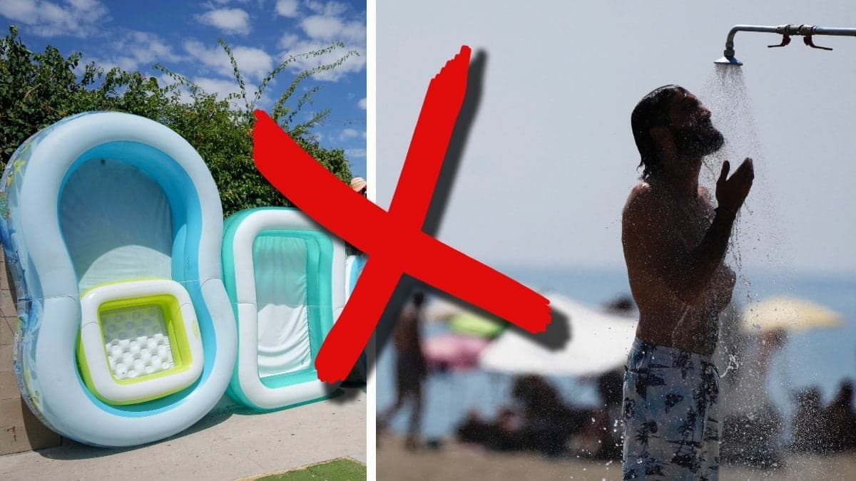 Bilden till vänster visar simbassänger uppradade. Bilden till höger visar en man som duschar i en utedusch.