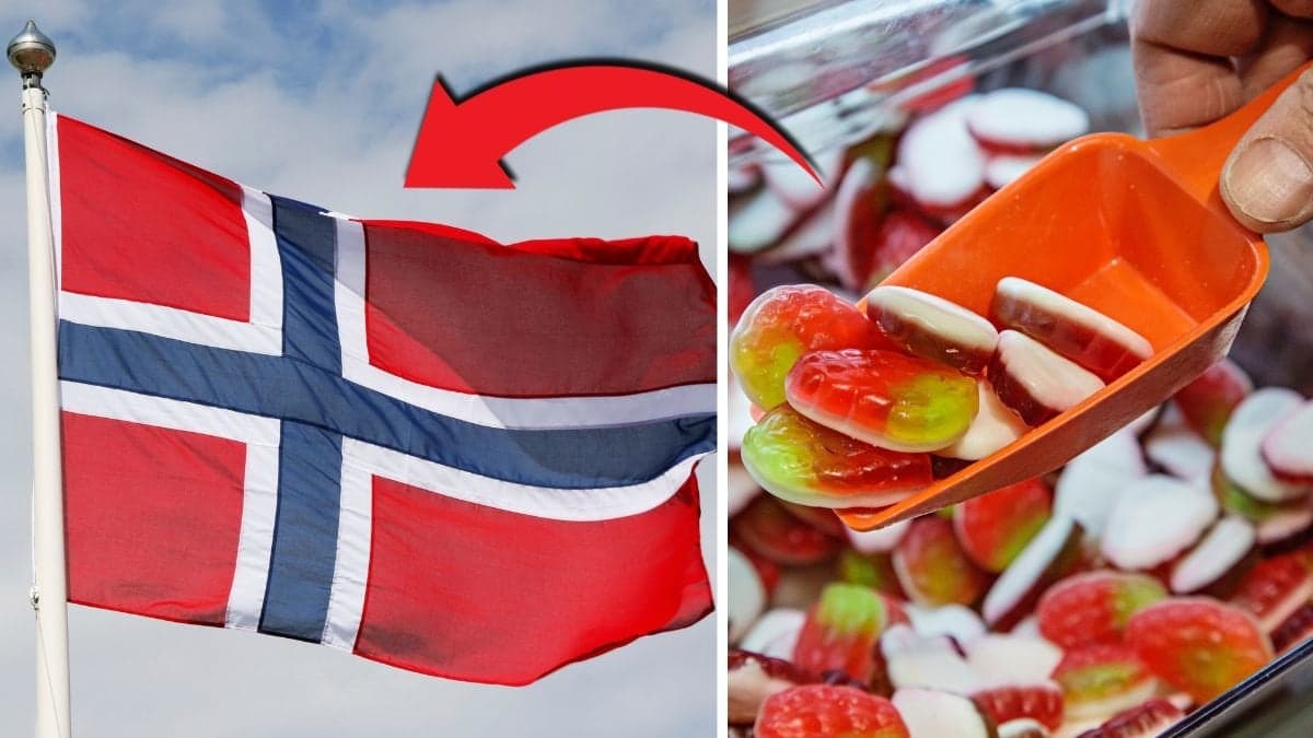 Norges flagga till vänster. Skopa med godis i till höger.
