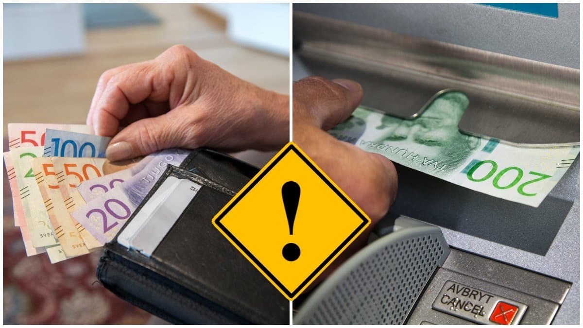 Plånbok med pengar och en sedel som tas ut en bankomat