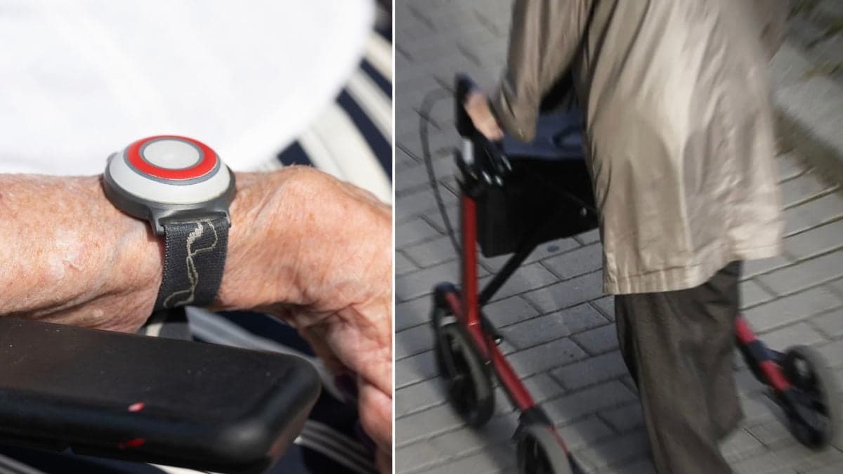 Äldre person med larm och rollator.
