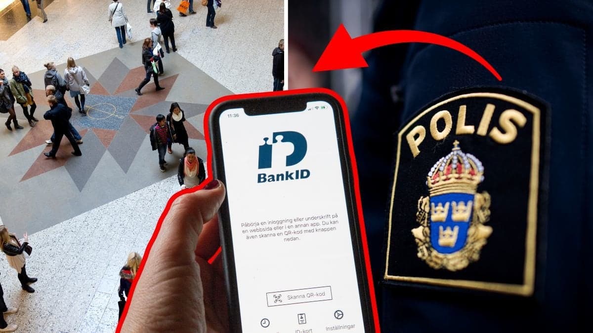 Folkmassa vänster. Inzoomad bild på arm med polisbricka till höger. En utklippt bild på en mobil med Bank-ID loggan i mitten.