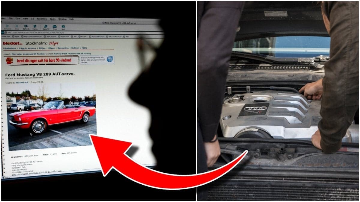 Man köper bil begagnad på blocket och motorhuv.
