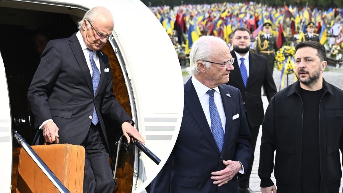 Kungen kliver ur planet vänster. Kungen och Ukrainas president höger.