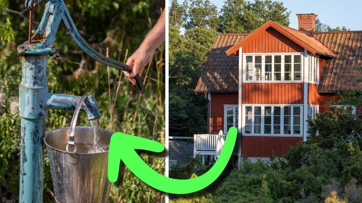 Bilden till vänster visar en brunn. Bilden till höger visar ett rött hus.
