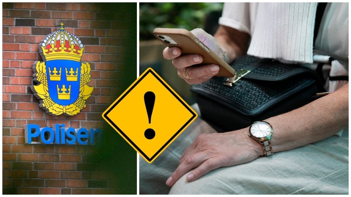 Polisens logga på en fasad och en kvinna med en mobiltelefon i handen