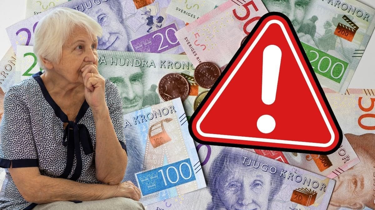 Pengar, sittande kvinna med handen på hakan och en varningstriangel.