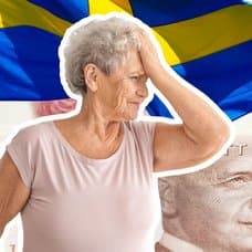 Pengar i olika valörer, en svensk flagga och en äldre kvinna med handen i pannan.