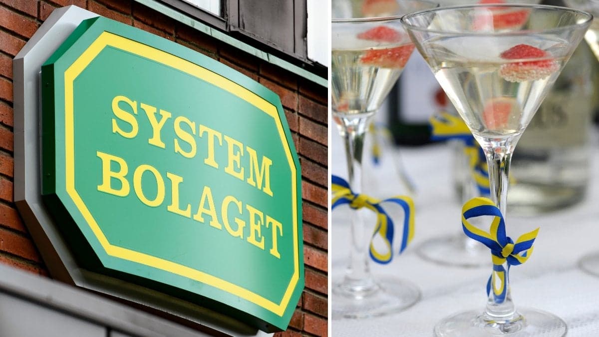 Bild på glas med mousserande och en Systembolaget-skylt.