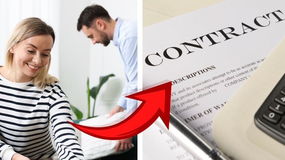 Ett par som städar vänster. Ett papperskontrakt höger.