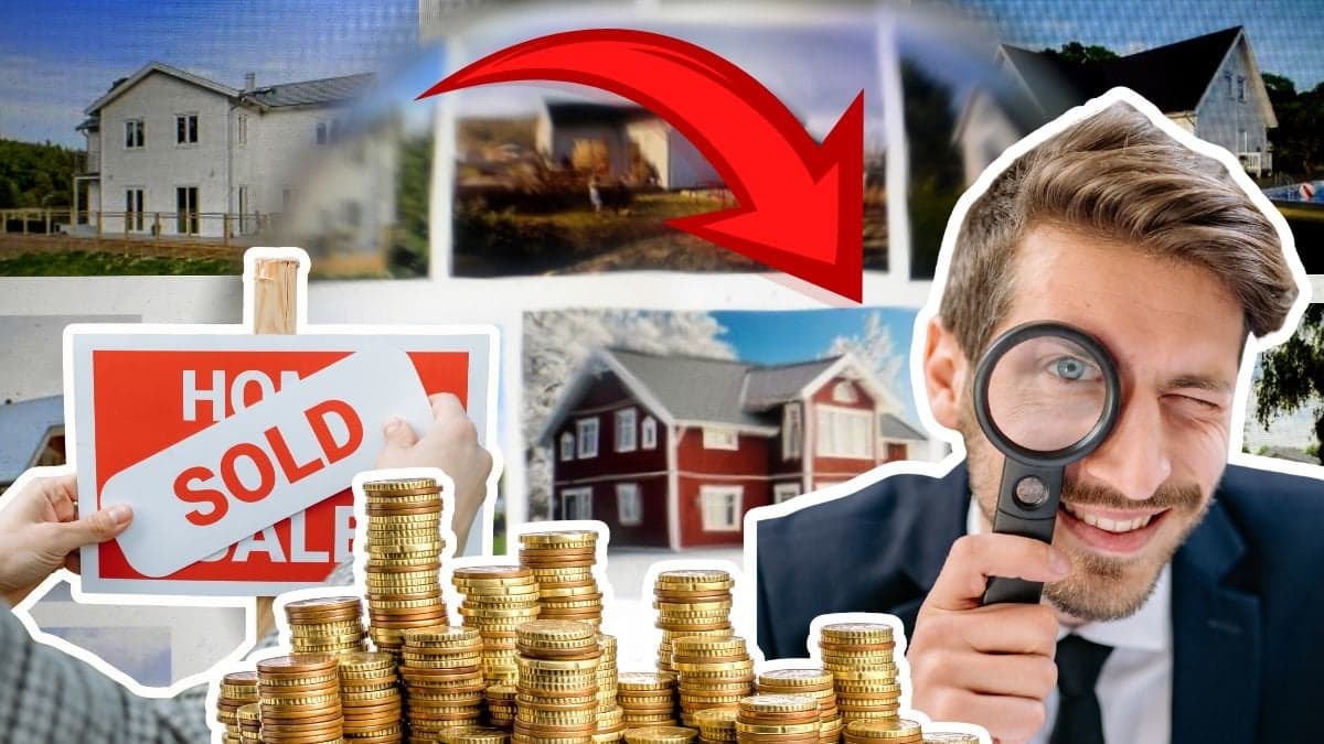 Bostader med ett förstoringsglas framför i bakgrunden. En Sold-skylt vänster. En mynthög i mitten. en man som håller ett förstoringsglas till höger.