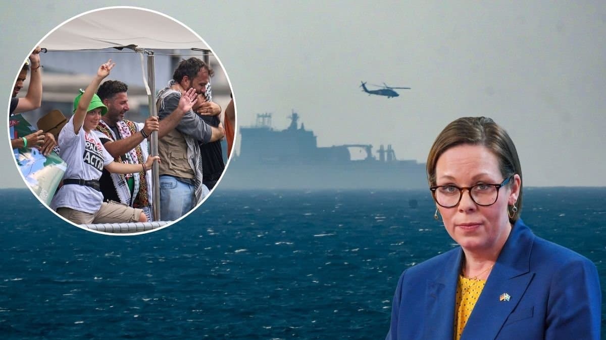 Till höger syns en bild på bland annat Greta Thunberg runt andra människor på en båt. I bakgrunden syns ett stort fartyg. Till höger finns en miniatyr bild på Maria Malmer Stenergard.