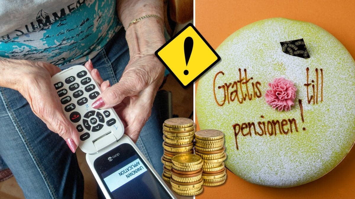 Pensionär med telefon och tårta.