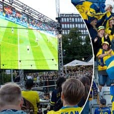 Bilder på Sverige-supportrar som hejar på Sverige och kollar på en match.
