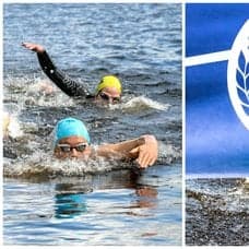 Simmare under Vansbrosimningen och Vansbrosimningens logga