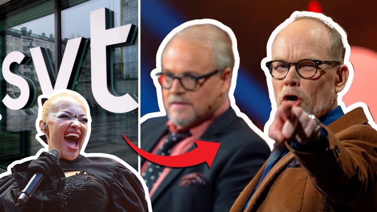 SVT-skylt till vänster. Utklippt bild på Daniela Rathana i vänstra nedersta hörnet. En bild på Kristian Luuk i På Spåret studion som pekar mot kameran till höger. Röd pil pekar på Kristian Luuk.